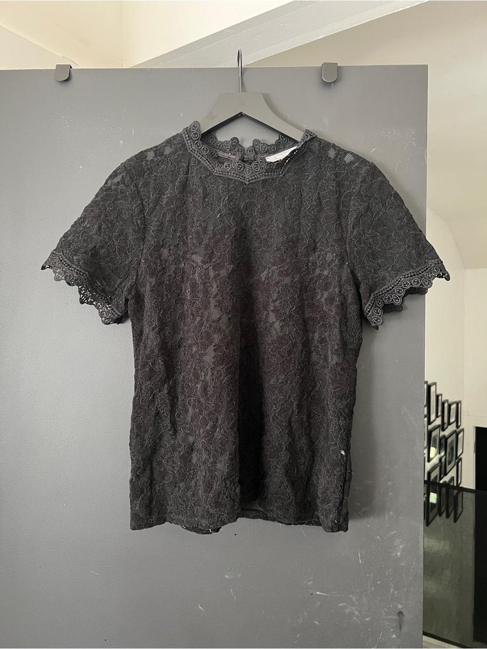 Anthropologie Black Lace Short-Sleeve Blouse with Scalloped Trim